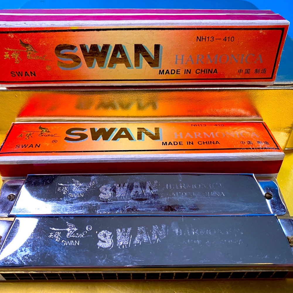 Two Swan Silver Harmonica’s Model NH13-410 Original Boxes Vintage 90’s Size 6”